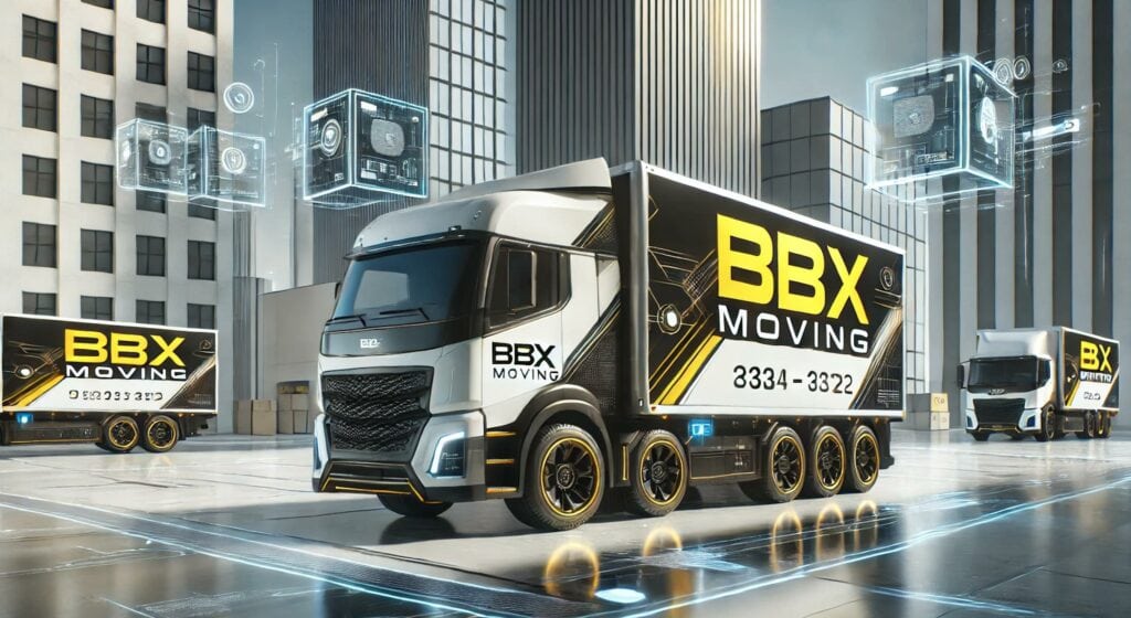 Futuristic moving trucks labeled "BBX Moving" glide through a cityscape, with digital graphics overhead, showcasing the future of moving.